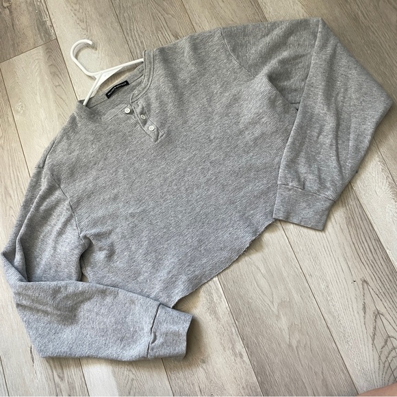 Brandy Melville Top henley crop long sleeve waffle knit womens Gray (one size) - Picture 1 of 7